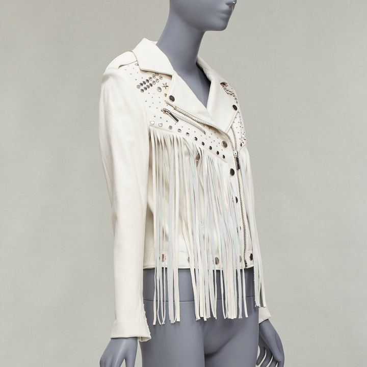 NOUR HAMMOUR cream lambskin fringe silver studs western biker jacket FR34 XS