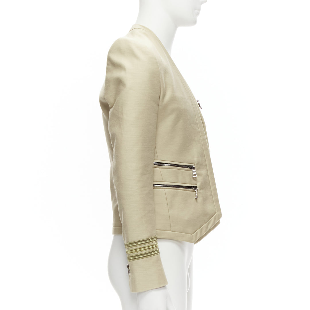 BALMAIN beige cotton military gold trim zippers cropped fitted jacket EU46 S