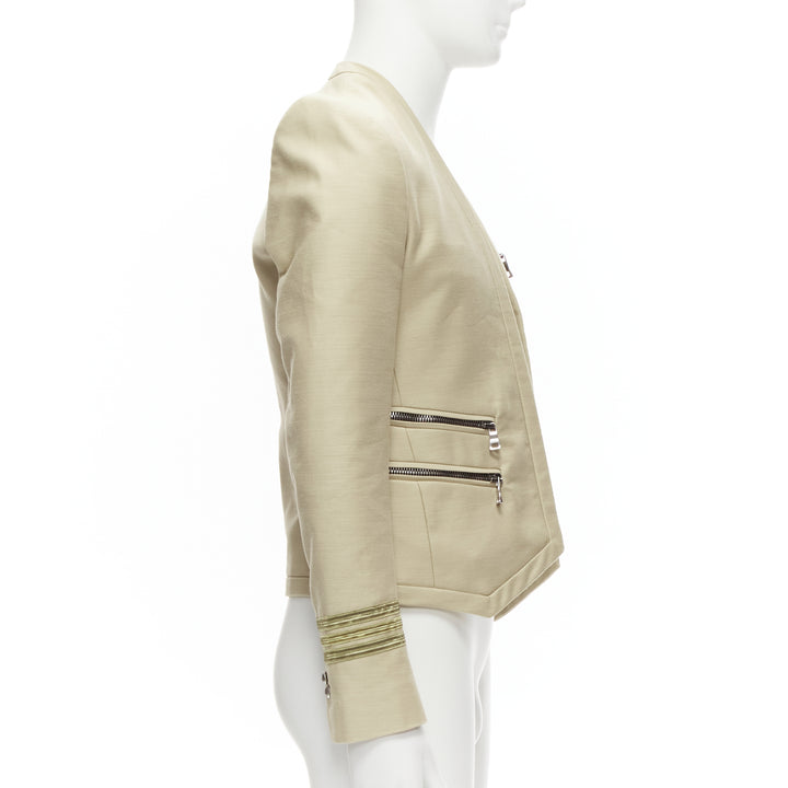 BALMAIN beige cotton military gold trim zippers cropped fitted jacket EU46 S