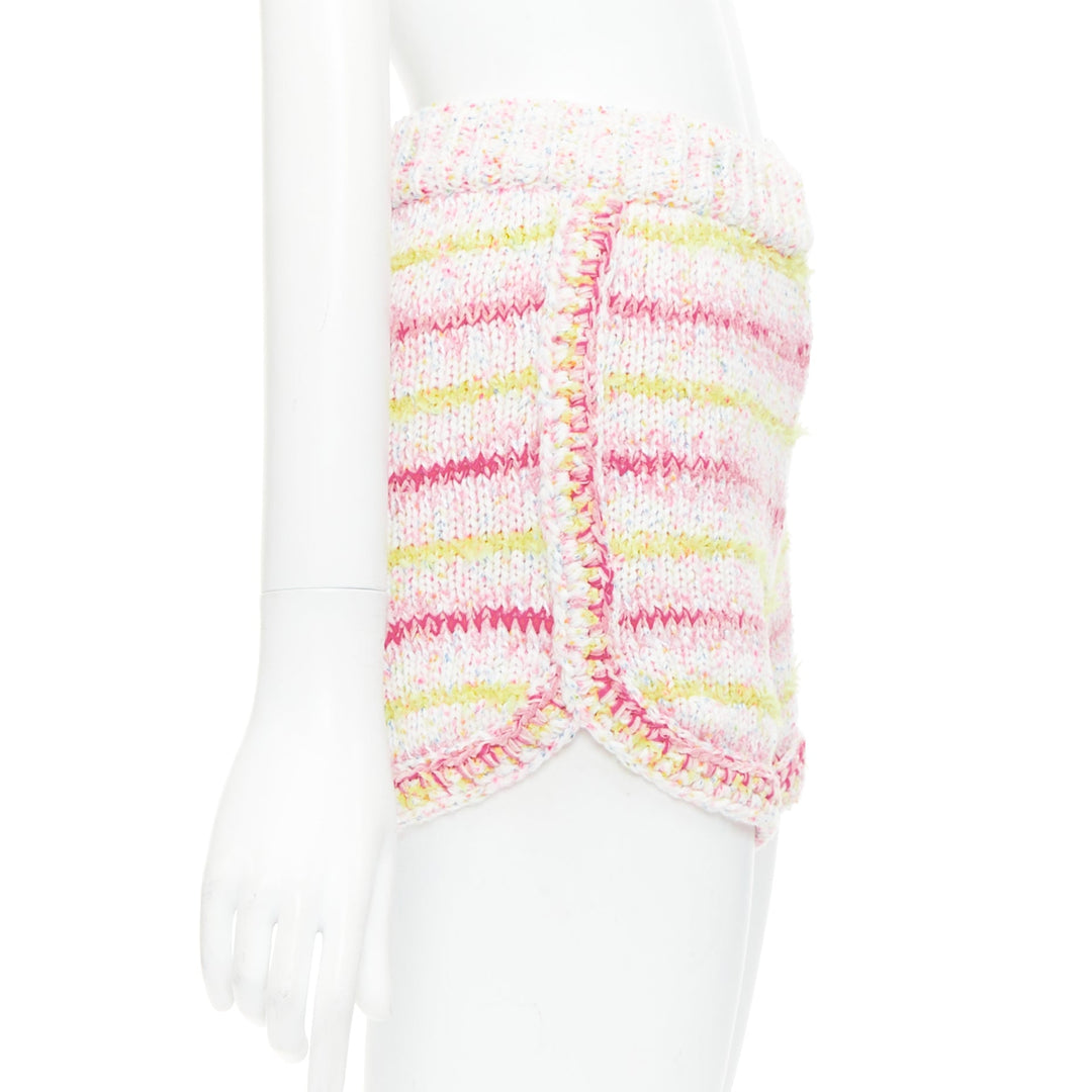 CHANEL 24C pink yellow cotton blend CC logo knit mini shorts FR34 XS