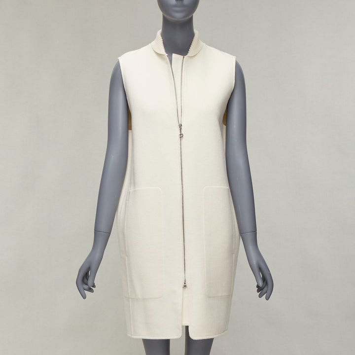 HERMES 100% cashmere cream applique back ribbed zip sleeveless coat FR34 XS