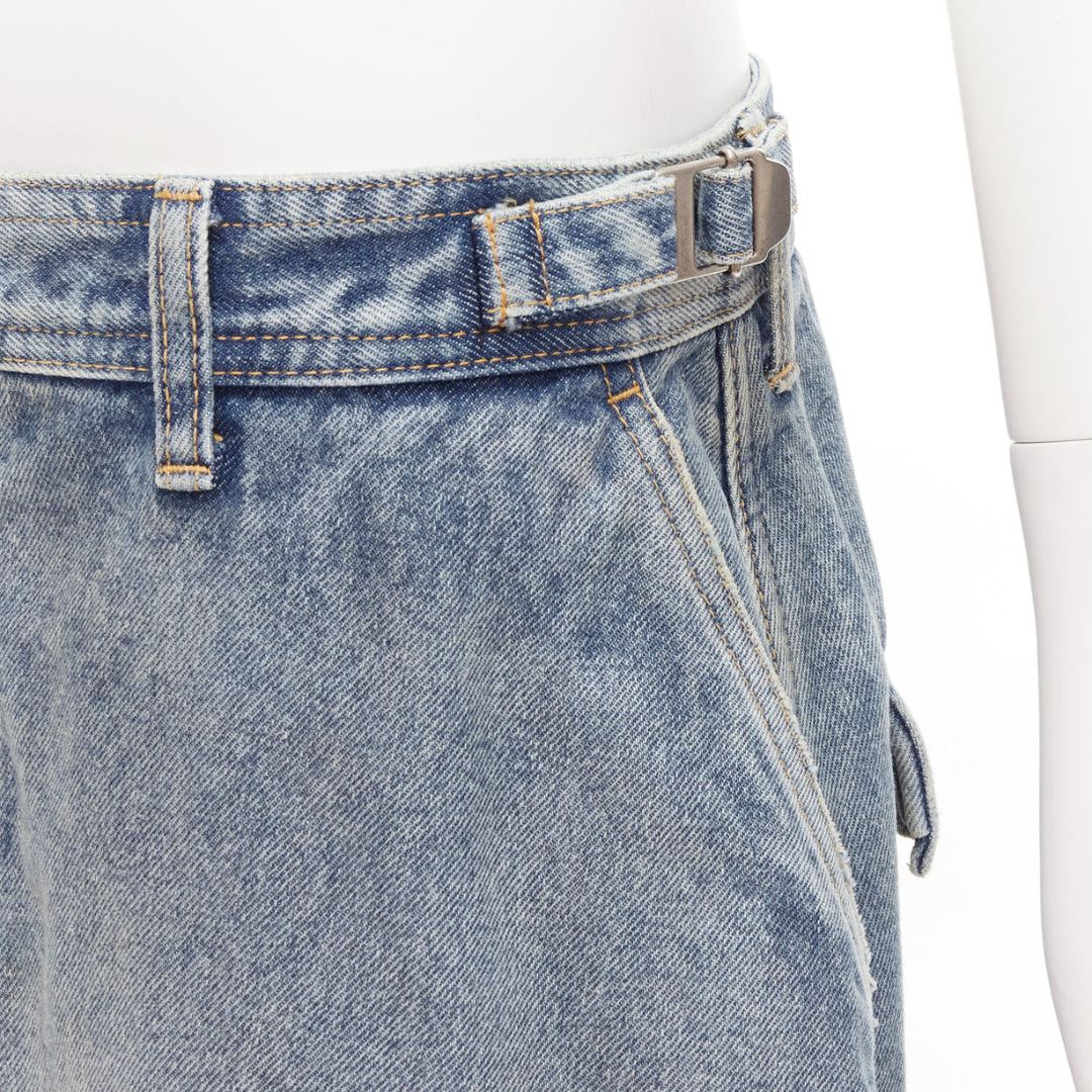 BALENCIAGA Demna 2021 Cargo Kick blue denim low waist logo midi skirt FR38 M