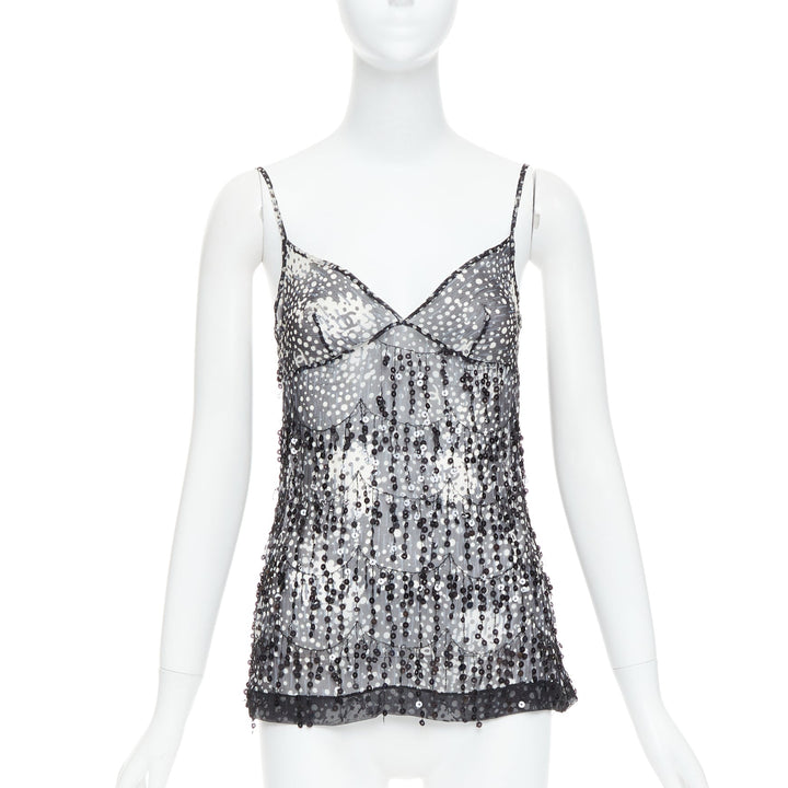 CHANEL 02A black grey sequin fringe applique sheer camisole FR38 M