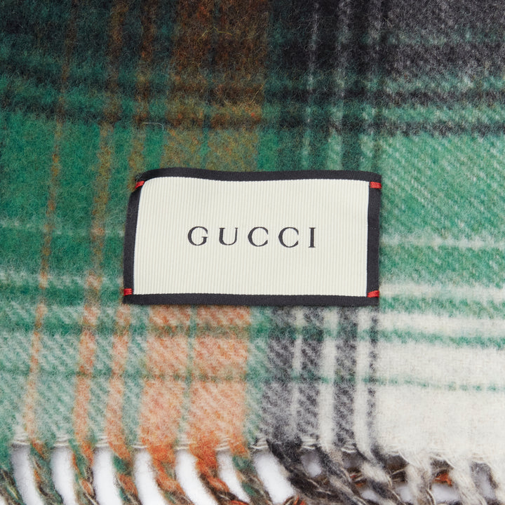 GUCCI 100% wool green red plaid tartan brown GG monogram blanket scarf
