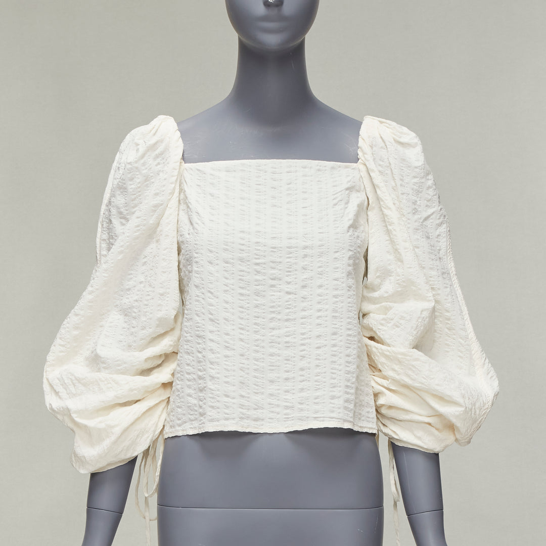 REGINA PYO cream cotton square neck ruched puff sleeves cropped peasant top S