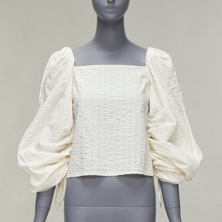 REGINA PYO cream cotton square neck ruched puff sleeves cropped peasant top S