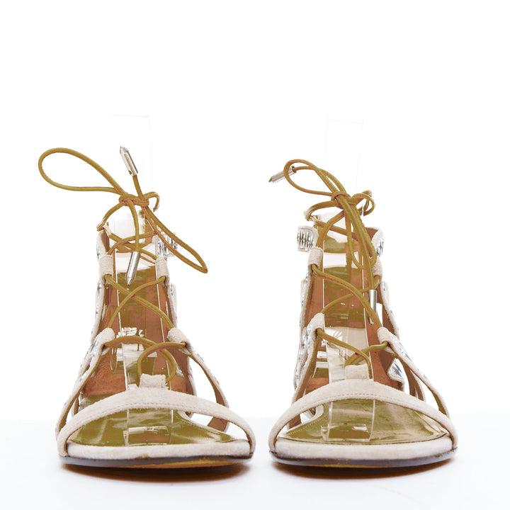 AQUAZZURA beige leather silver disc studded gladiator sandals EU36