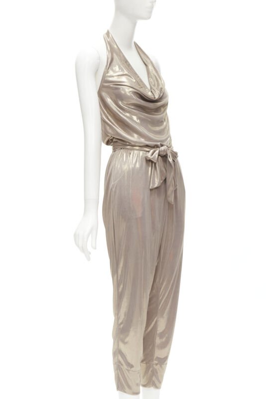 DIANE VON FUSTENBERG Carolette liquid metal gold halter backless jumpsuit S