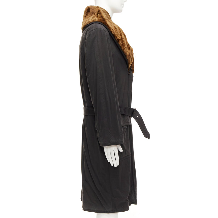rare JEAN PAUL GAULTIER HOMME brown faux fur collar black cotton belted coat L