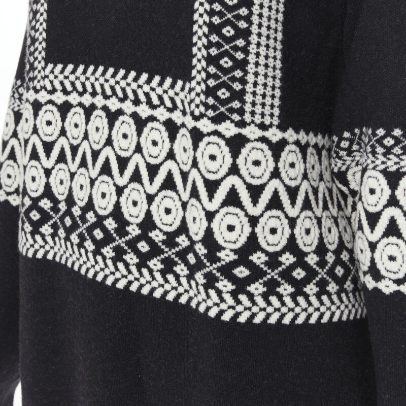 CHLOE 100% wool black white intarsia woven long sleeve sweater pullover XS