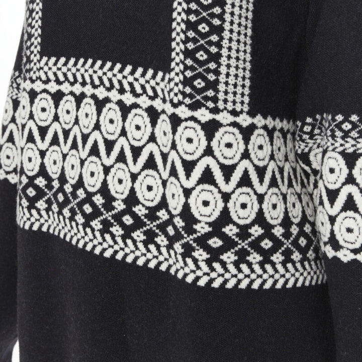 CHLOE 100% wool black white intarsia woven long sleeve sweater pullover XS