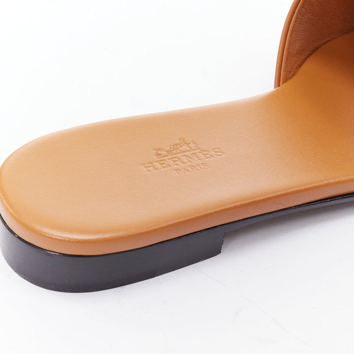 HERMES Dune tan leather palladium Collier de Chien flat sandal EU37.5