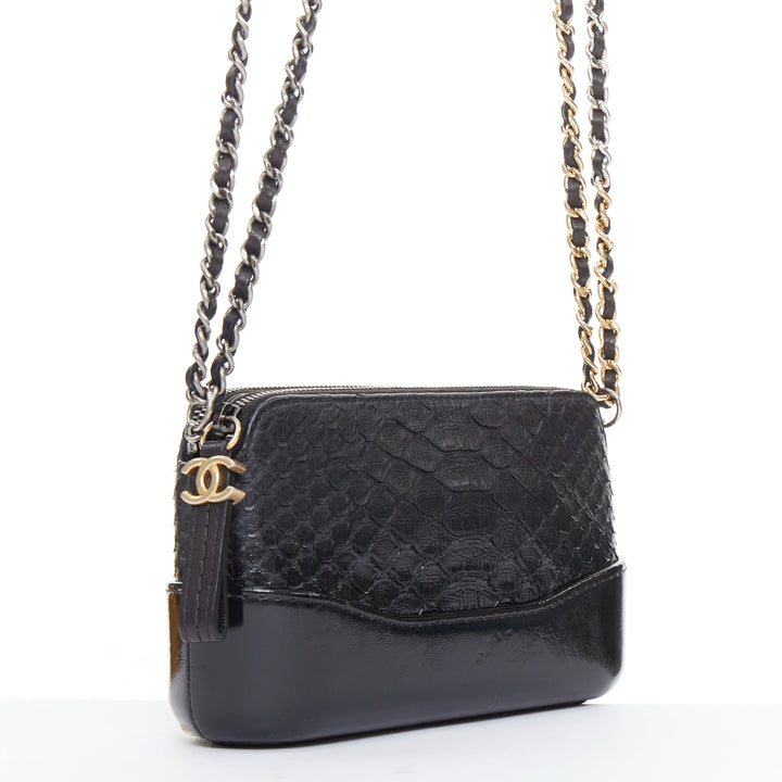 CHANEL Mini Gabrielle black scaled leather patent trim double CC crossbody bag