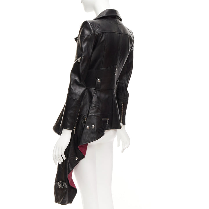 ALEXANDER MCQUEEN Runway black leather zip asymmetric hem biker jacket IT38 XS
