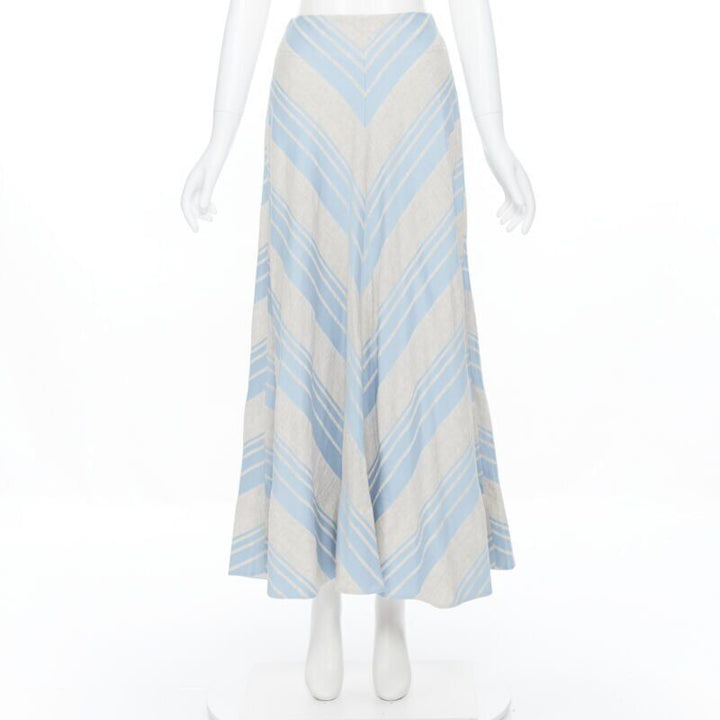 LEE MATTHEWS light grey blue striped linen cotton flared midi casual skirt US0
