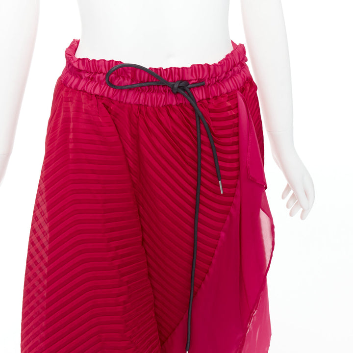 SACAI 2021 pink red satin pleated panels black drawstring skirt JP3 L