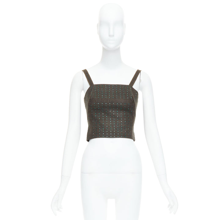 MIU MIU Vintage 1998 Runway fleece wool green crystal bustier top IT38 XS