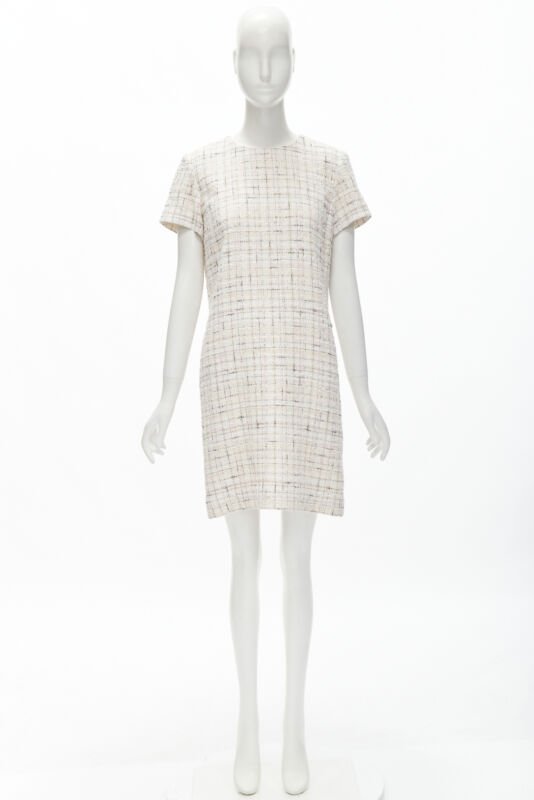 CHANEL light pink beige black check tweed short sleeve sheath dress FR38 M