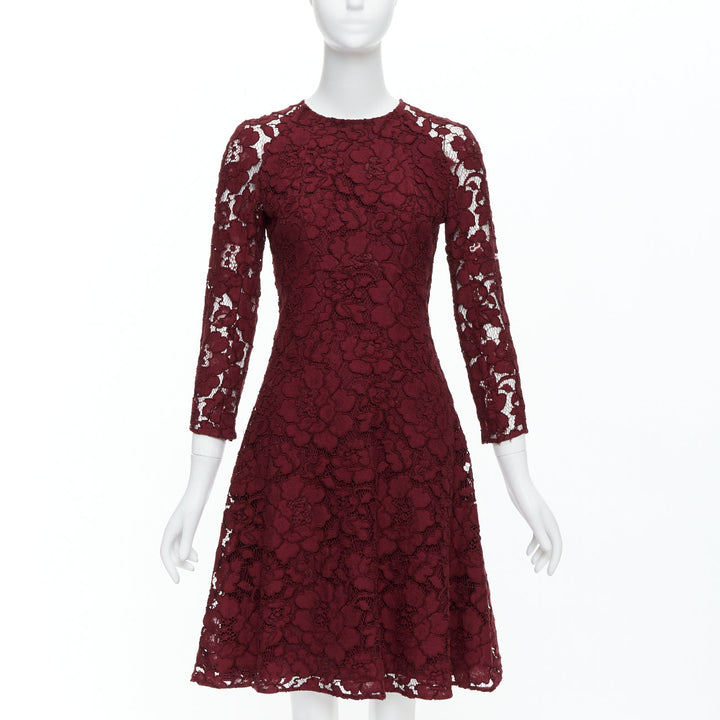 OSCAR DE LA RENTA 2016 burgundy lace sheer sleeves fit flare dressUS0 XS