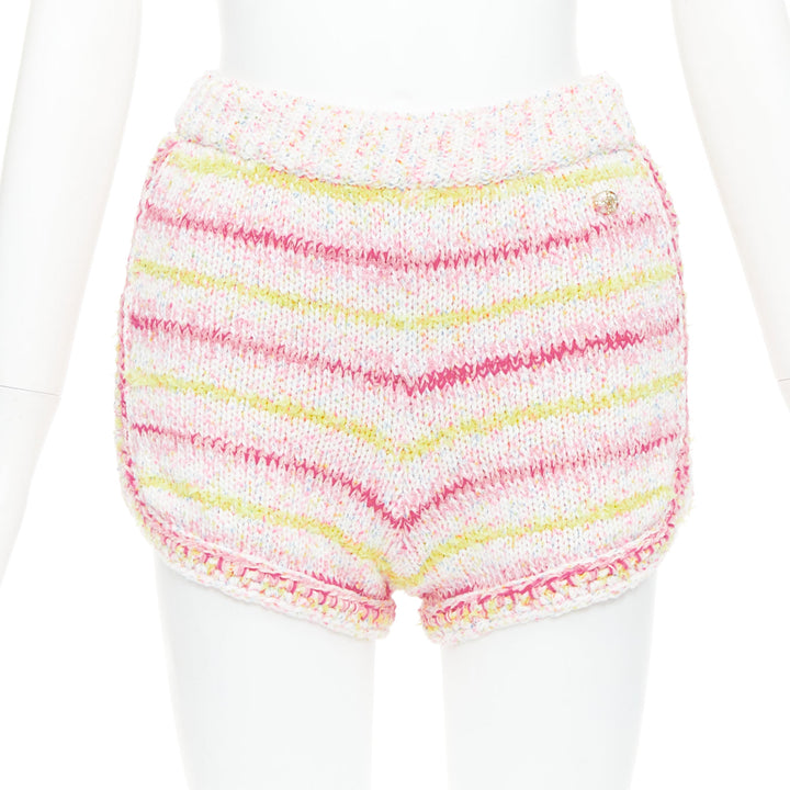 CHANEL 24C pink yellow cotton blend CC logo knit mini shorts FR34 XS