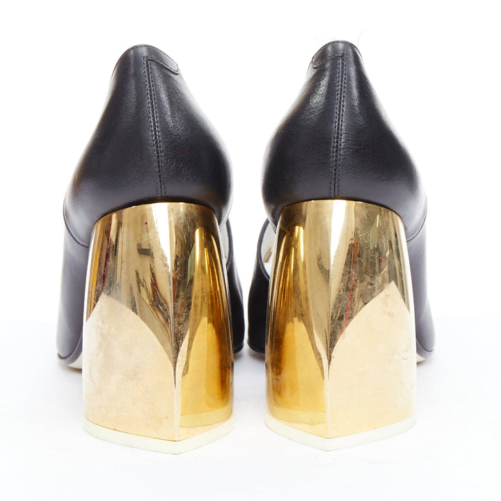 LOEWE gold curved heel black leather slip on heeled shoes EU39