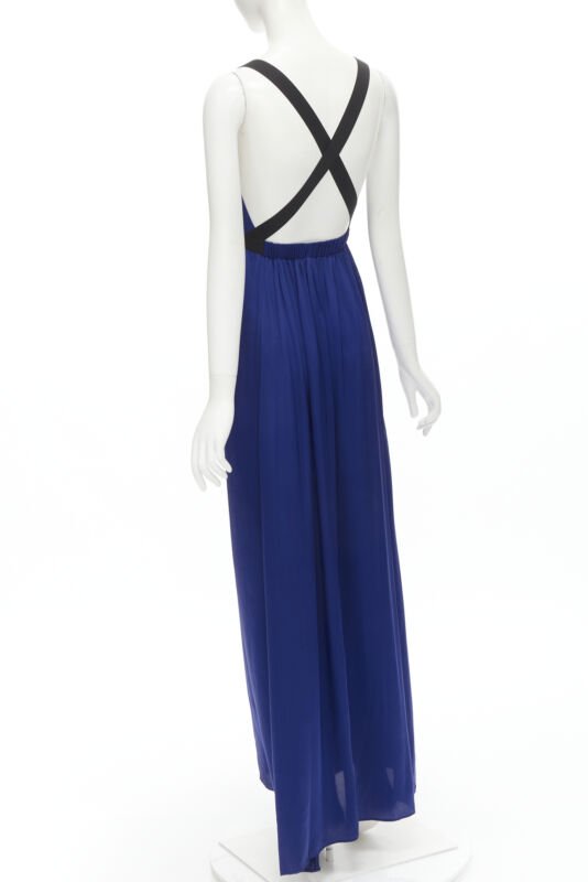 THEORY cobalt blue 100% silk black elastic cross band open. back maxi dress XS