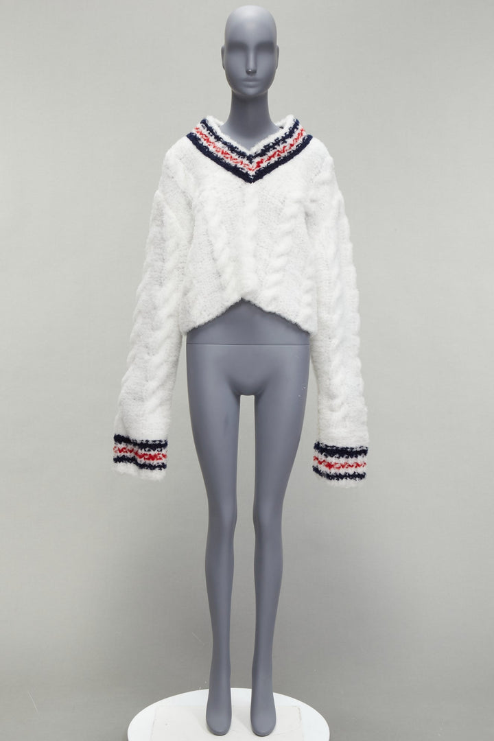 rare THOM BROWNE 2018 Runway hand knit tulle oversized varsity sweater IT36 XXS