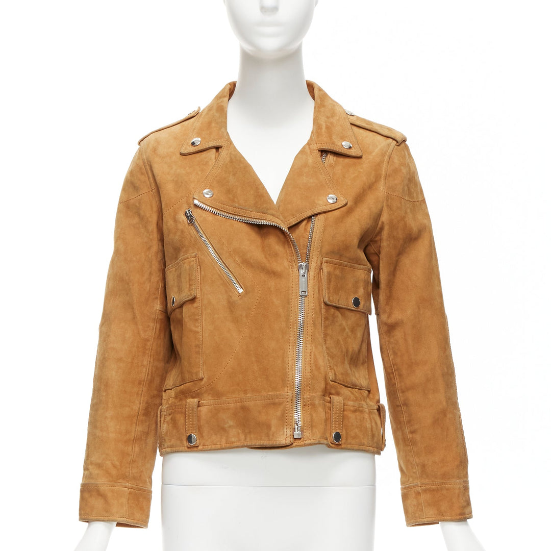 GOLDEN GOOSE tobacco brown distressed suede silver stud logo biker jacket