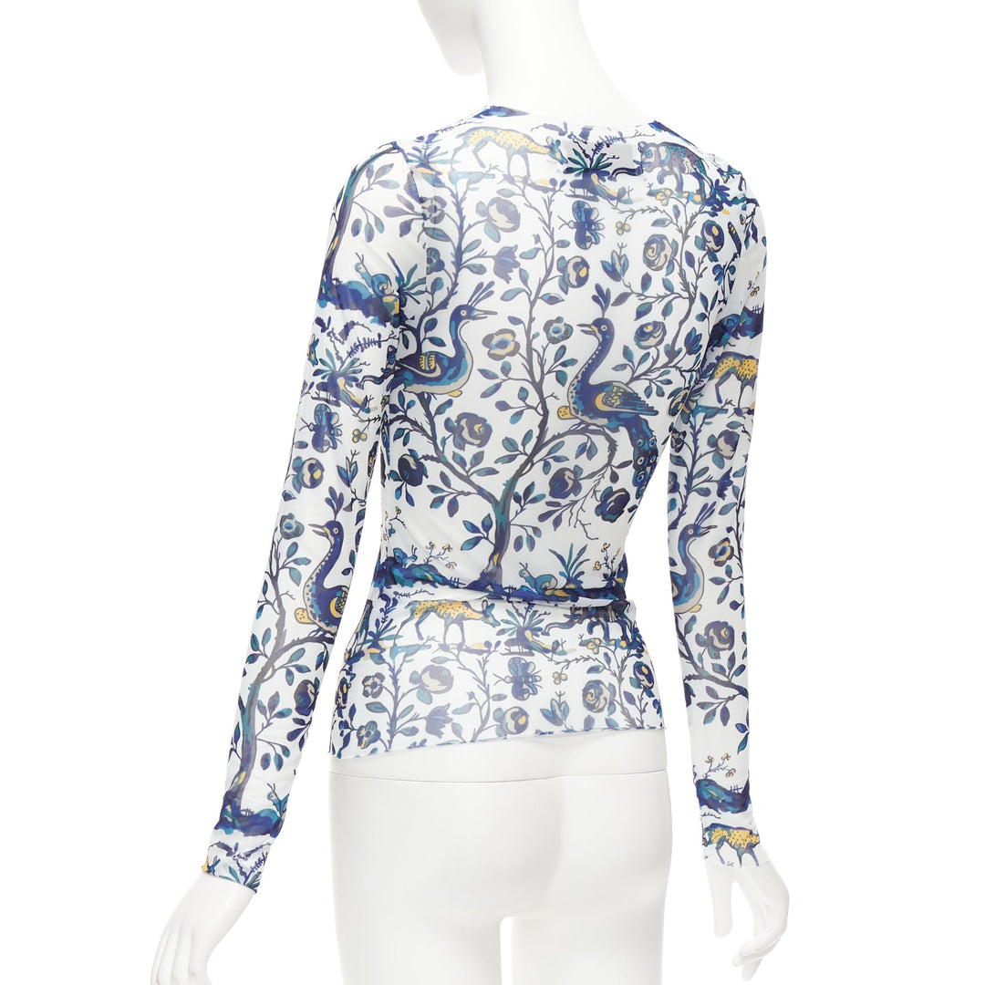 MARQUES ALMEIDA blue white animal floral print mesh long sleeve top XS