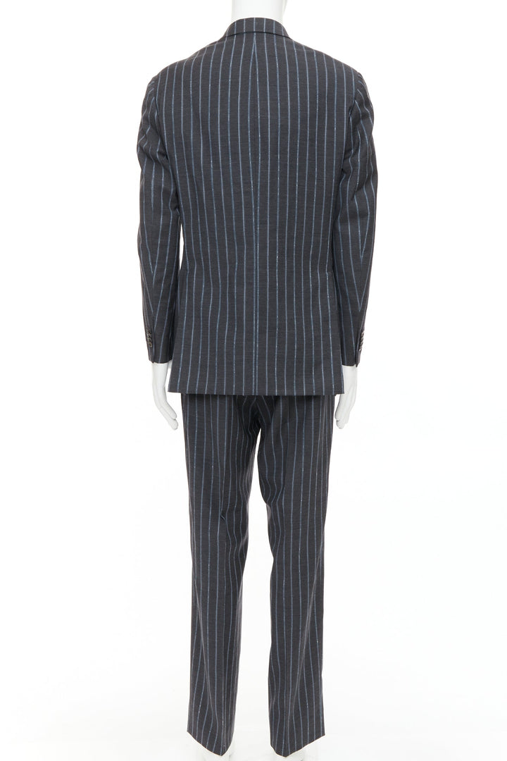 ETRO grey blue pinstripe 100% wool single breasted blazer jacket IT50 L