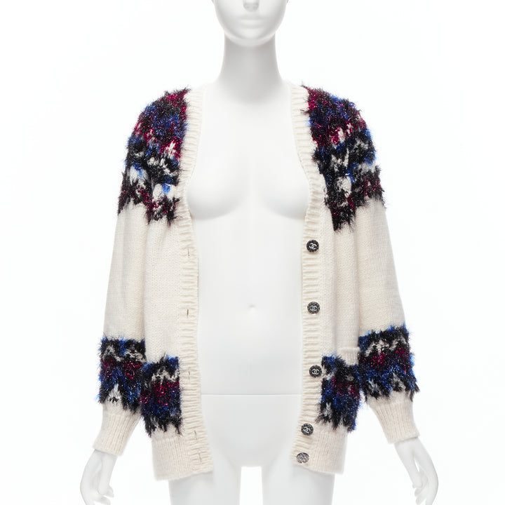 CHANEL pink blue fluffy lurex cream intarsia crystal CC button cardigan FR36 S