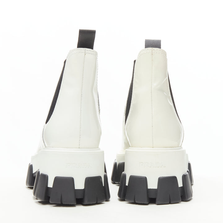 PRADA 2019 Monolith white patent lug sole platform ankle boot  EU36