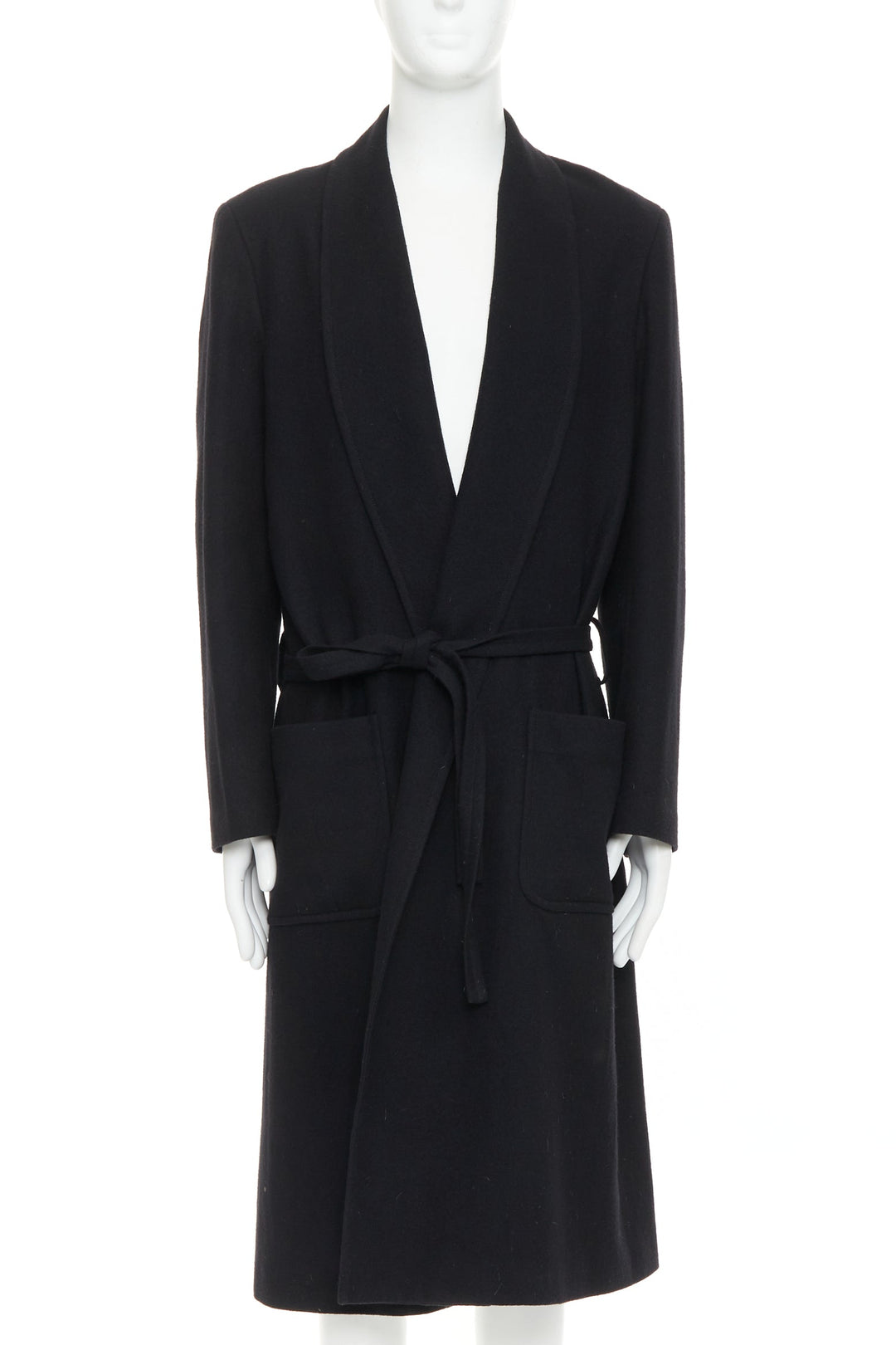 YOHJI YAMAMOTO HOMME black wool felt belted pockets lined robe coat JP2 M