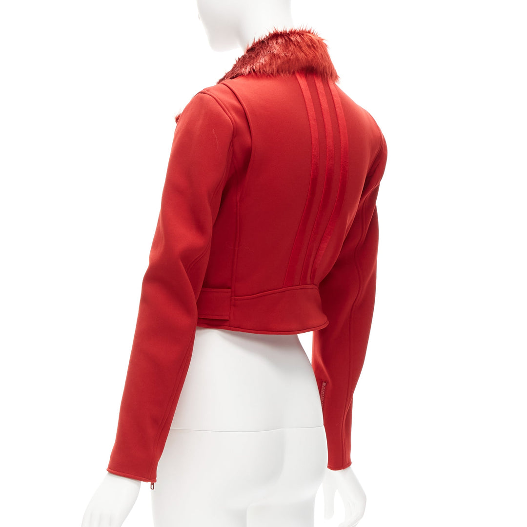 YOHJI YAMAMOTO red faux fur collar 3 stripes belted cropped biker jacket S