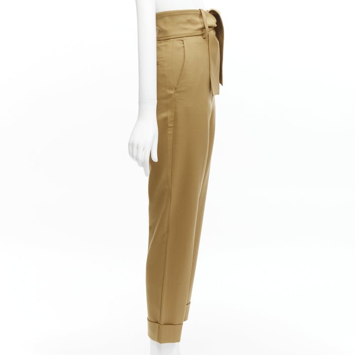 SARA BATTAGLIA khaki wool high waisted tie belt cuffed tapered pants  IT36 XXS