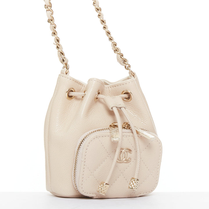 CHANEL nude grain leather quilted CC pocket bucket crossbody chain bag