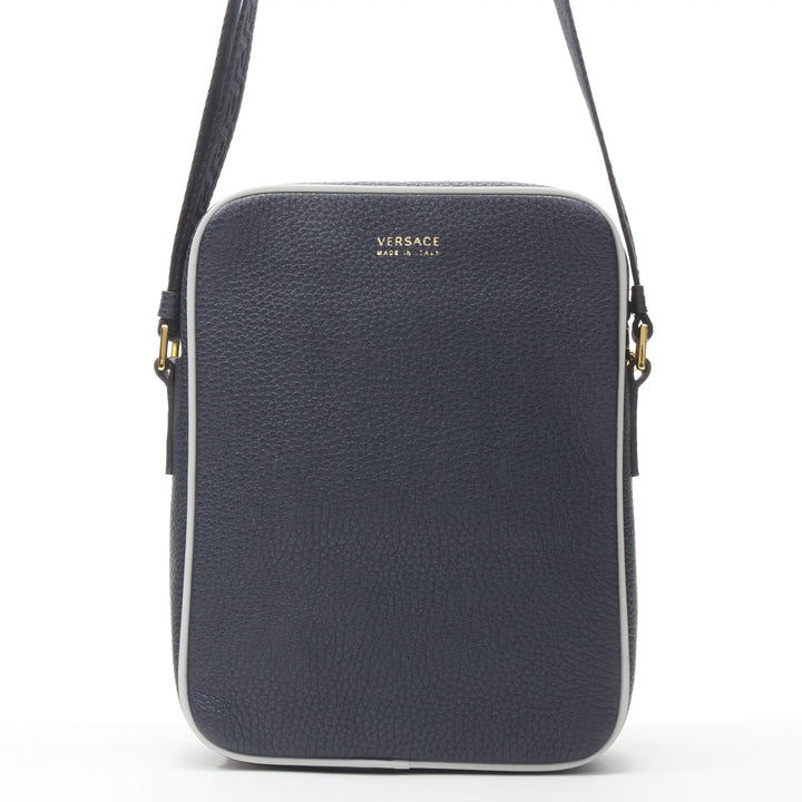 VERSACE Pop Medusa navy grey calf leather Greca crossbody messenger bag