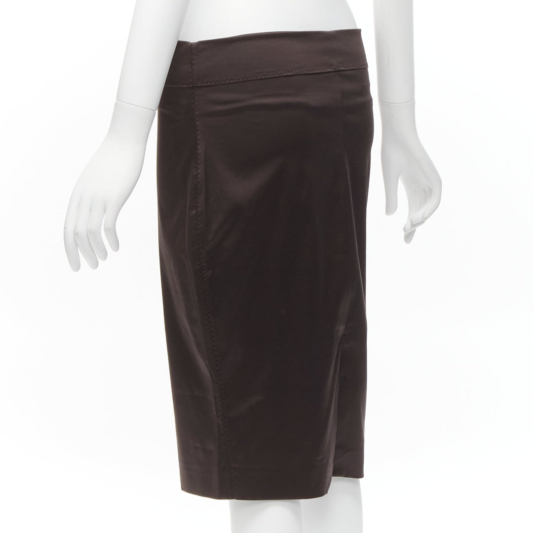 GUCCI brown silky texture zigzag topstitch flap waistband pencil knee skirt IT42