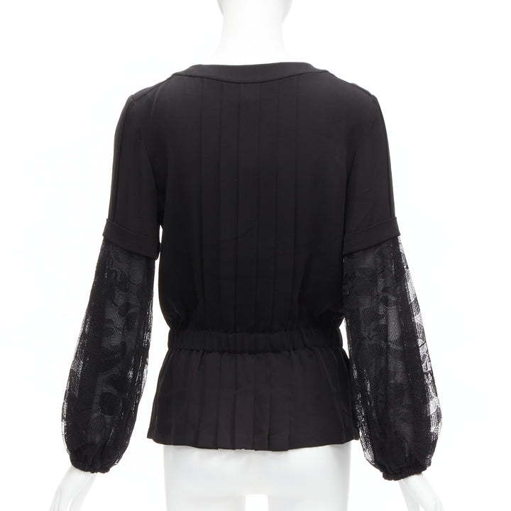 CHANEL 13P silk black floral lace sleeves pleated jacket blouse FR36 S