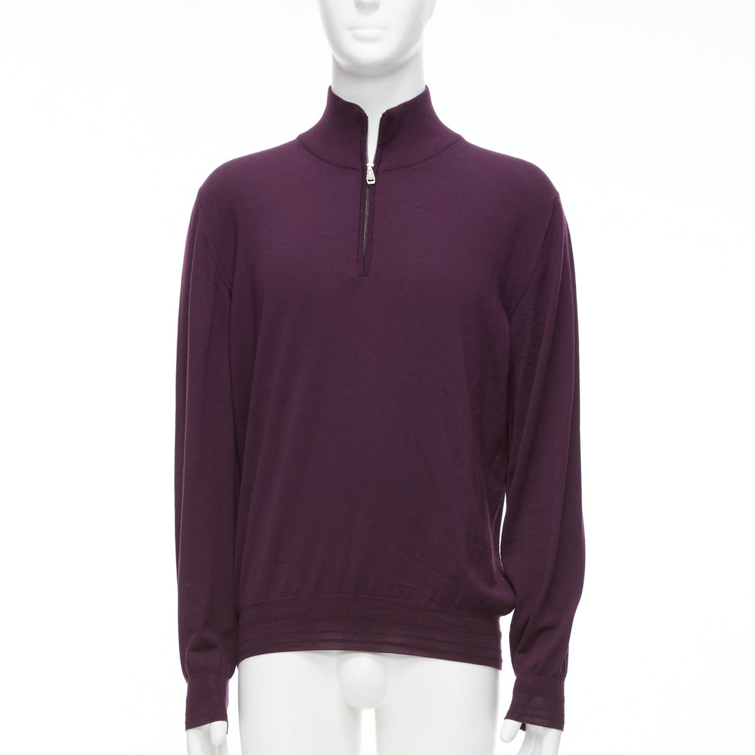 BRIONI 100% wool eggplant purple silk trimmed half zip long sleeve sweater
