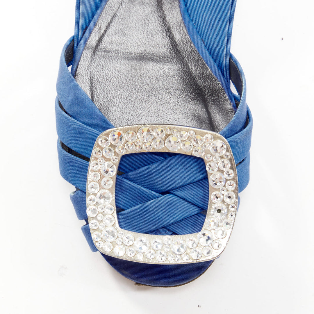 ROGER VIVIER blue satin crystal square buckles woven front pep toe flats EU34.5