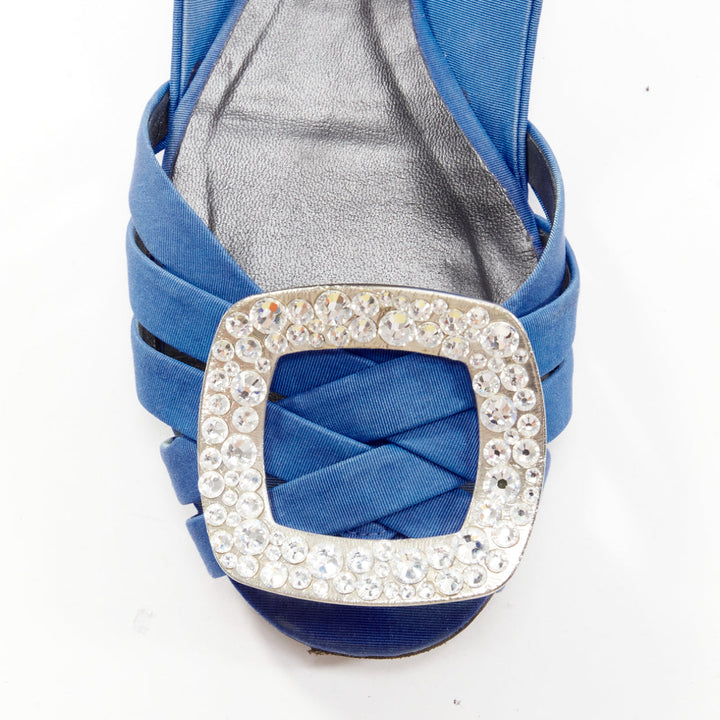 ROGER VIVIER blue satin crystal square buckles woven front pep toe flats EU34.5