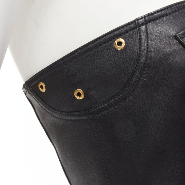 VERSACE Runway black leather gold-tone Medusa biker bustier top IT38 XS
