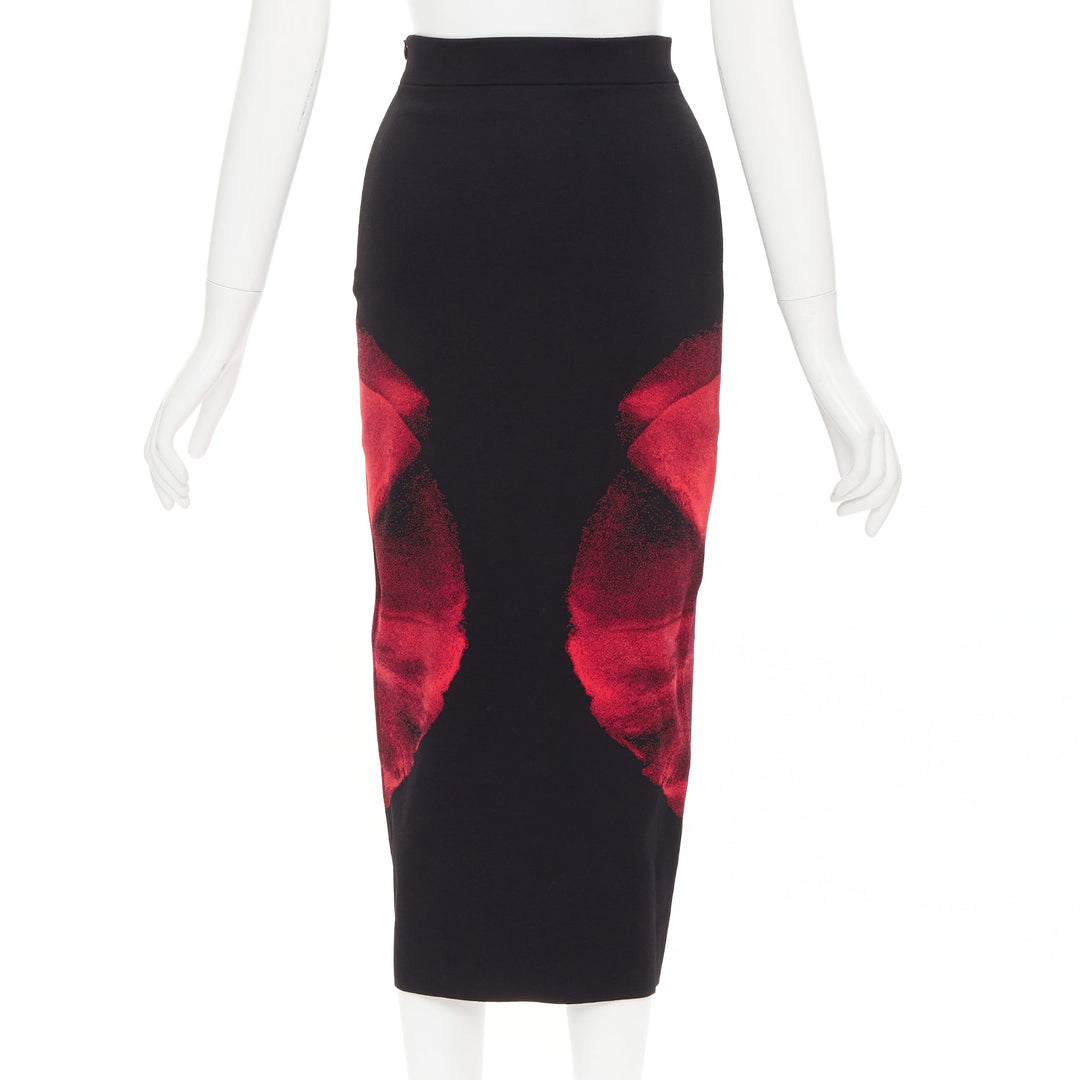 ALEXANDER MCQUEEN 2023 Ethereal Orchid black red floral jacquard pencil skirt S