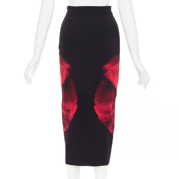 ALEXANDER MCQUEEN 2023 Ethereal Orchid black red floral jacquard pencil skirt S