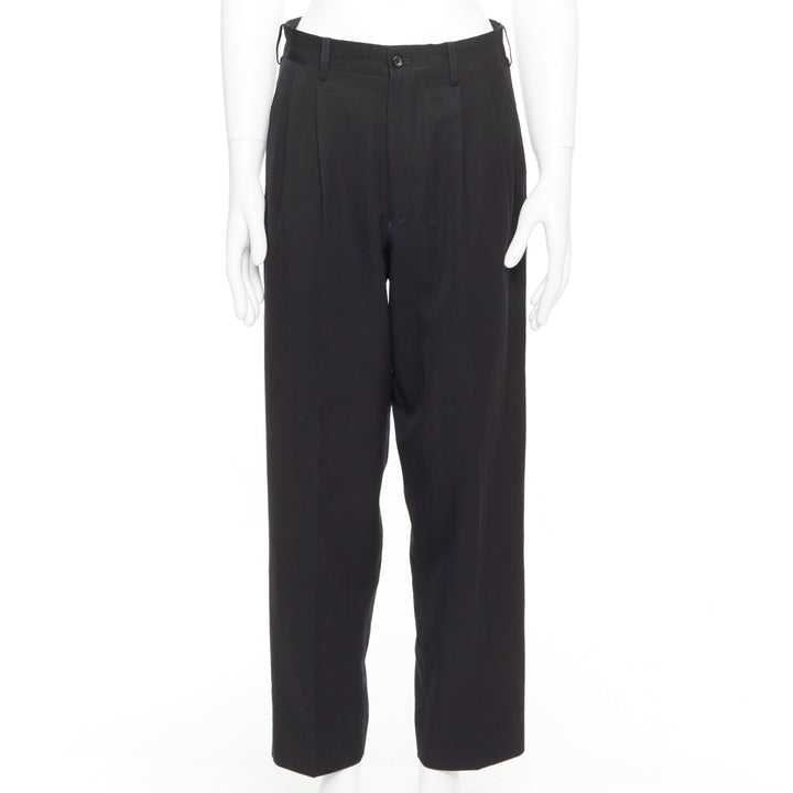 YOHJI YAMAMOTO navy 100% wool pleated front tapered wide trouser pants S