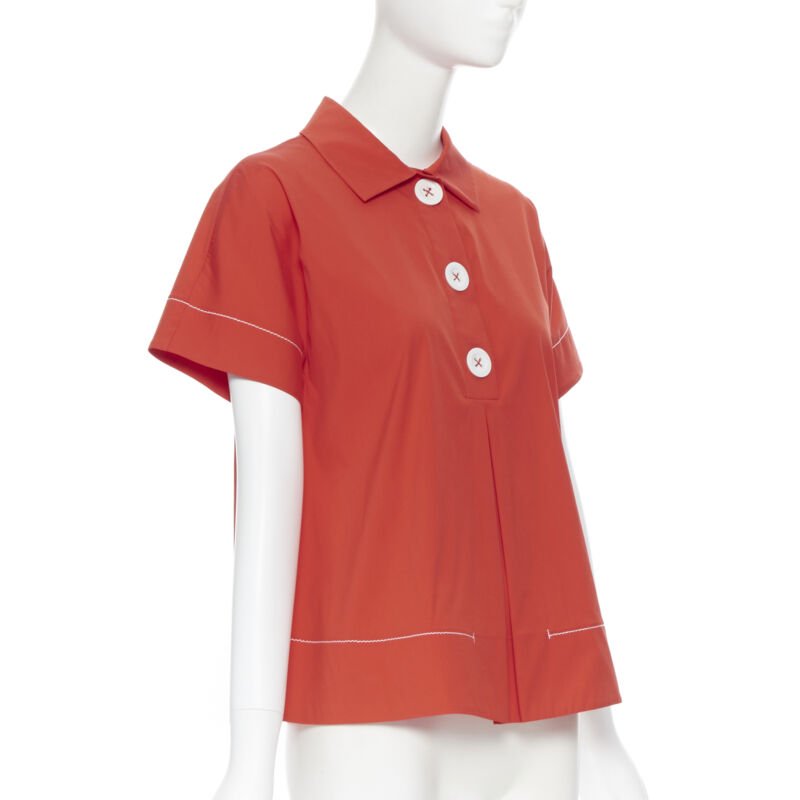 PIAZZA SEMPIONE red cotton blend white overstitch babydoll blouse top IT38