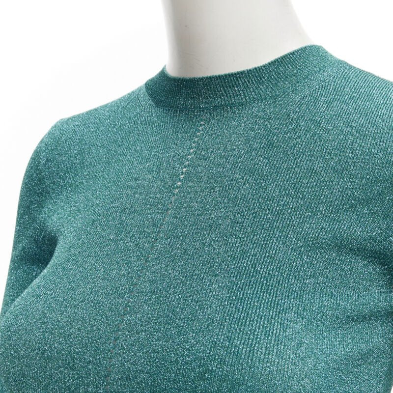SAINT LAURENT turquoise blue metallic lurex lattice seam knitted top S