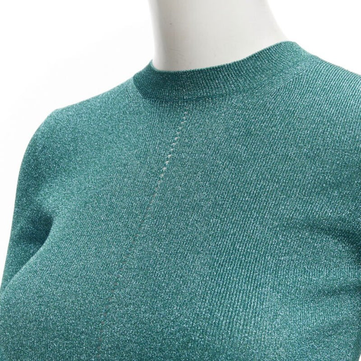 SAINT LAURENT turquoise blue metallic lurex lattice seam knitted top S