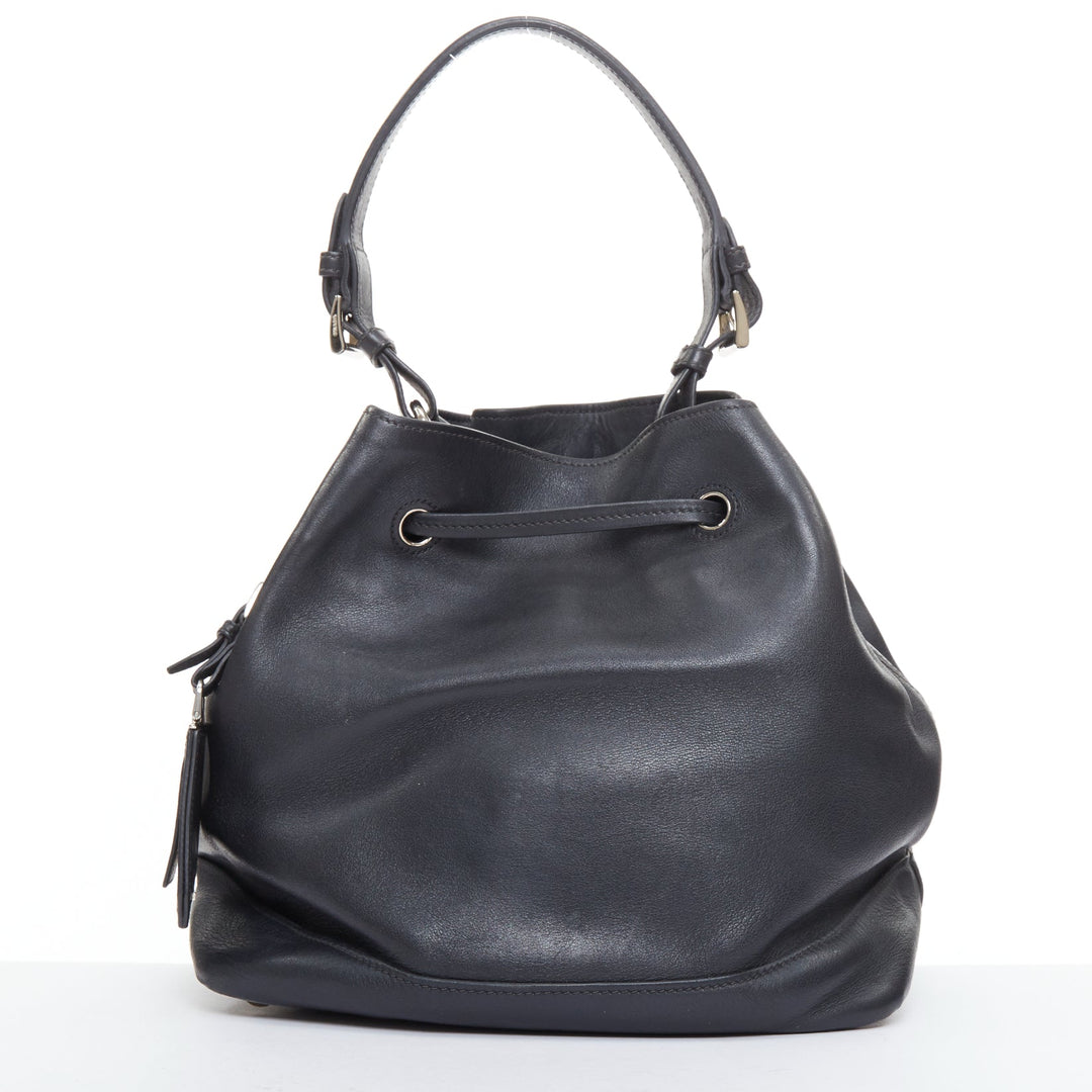 PRADA City Calf Bucket black calfskin leather triangle tassel drawstring bag